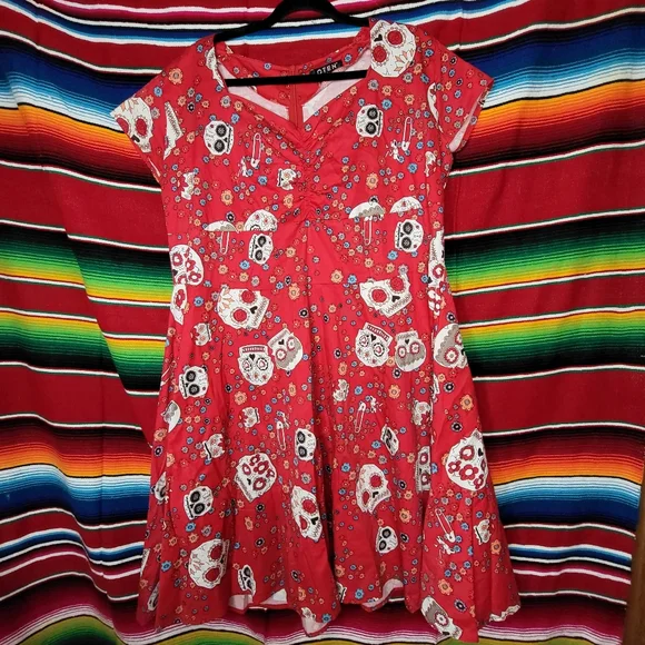 OTEN Red Floral Sugar Skull Day of the Dead Retro Rockabilly Dress Plus Size 4XL - Picture 4 of 5